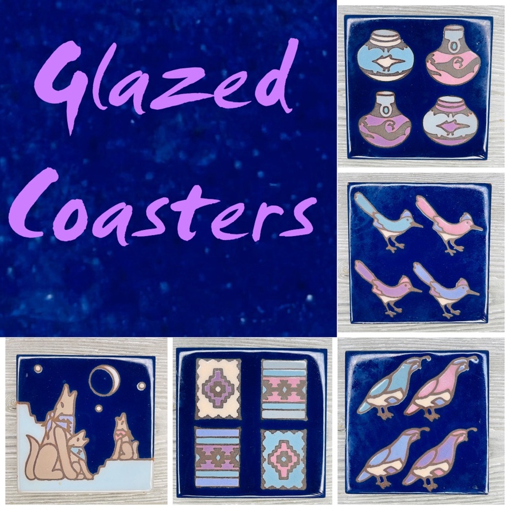 Vintage royal blue masterworks hand crafted tile coasters / trivet’s set western